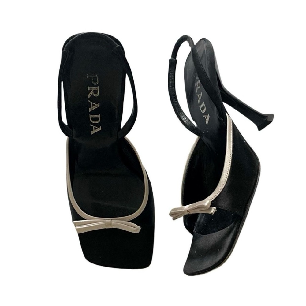 Vintage Prada Black Satin Ivory Bow Slingback Sandal Heels